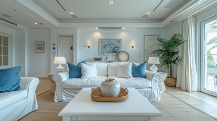 Fototapeta premium Bright and spacious living room featuring comfortable furniture, decorative plants, and elegant decor, showcasing a serene coastal style in a modern home during daylight
