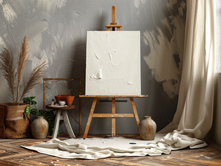 The minimalist decor, featuring a wooden easel and blank canvas, provides the perfect backdrop for creative endeavors.