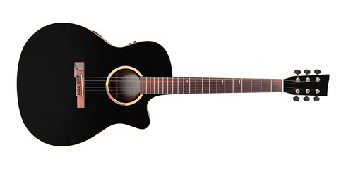 Musical instrument - Frint view black cutaway electric acoustic guitar. Isolated