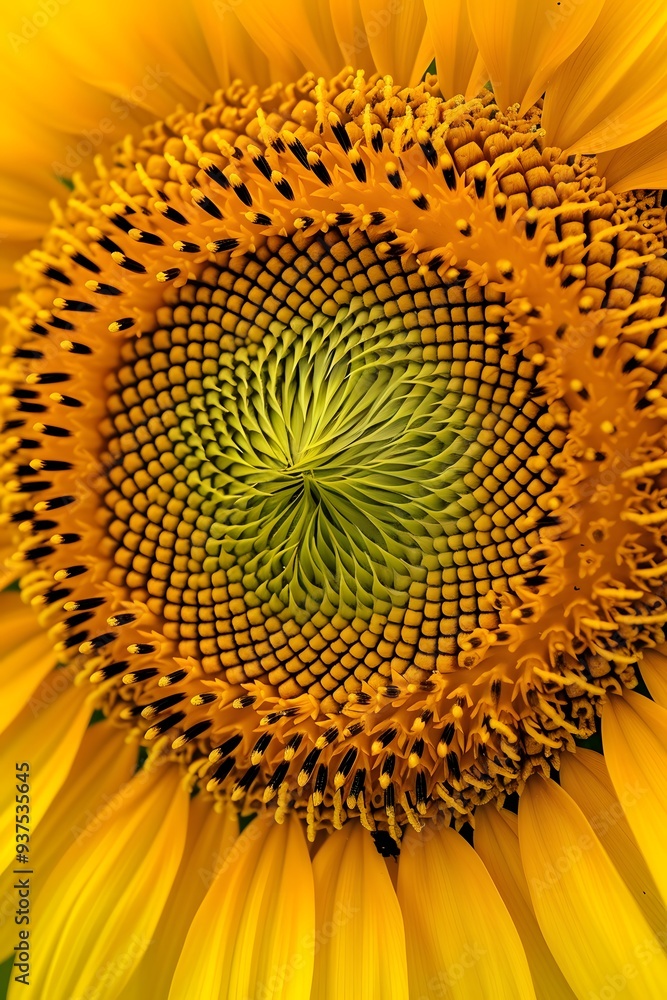 Poster extreme close-up of a spiraling fibonacci pattern in a sunflower ai generated illustration