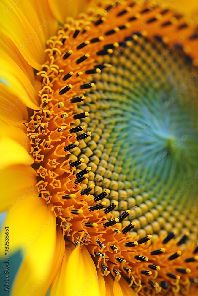 Poster extreme close-up of a spiraling fibonacci pattern in a sunflower ai generated illustration