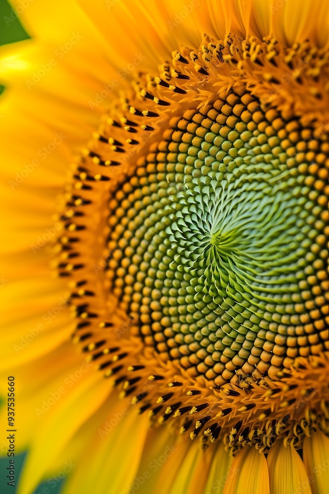 Poster extreme close-up of a spiraling fibonacci pattern in a sunflower ai generated illustration