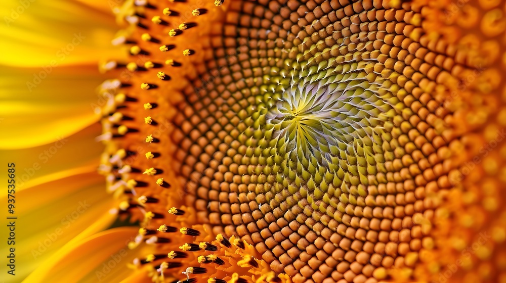 Poster extreme close-up of a spiraling fibonacci pattern in a sunflower ai generated illustration