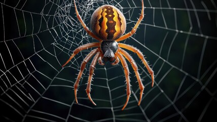 Obraz premium A close-up view of a vibrant spider creating its intricate web, showcasing nature's artistry and unique patterns.