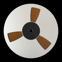 Vintage Music and sound - Closeup Aluminum reel Magnetic tapes isolated black