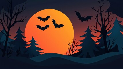 Fototapeta premium A spooky Halloween night scene featuring a glowing orange moon, bats, and silhouetted trees, perfect for seasonal designs.