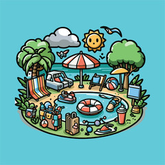 vector summer vacation on the beach with thin colorful lines