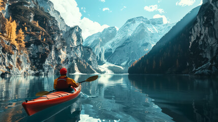 Kayaker in Mountains: Kayaker navigating a mountain lake or river.