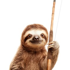 Fototapeta premium A cheerful sloth holds a fishing rod, showcasing its unique charm and playful spirit in an adorable and whimsical setting.