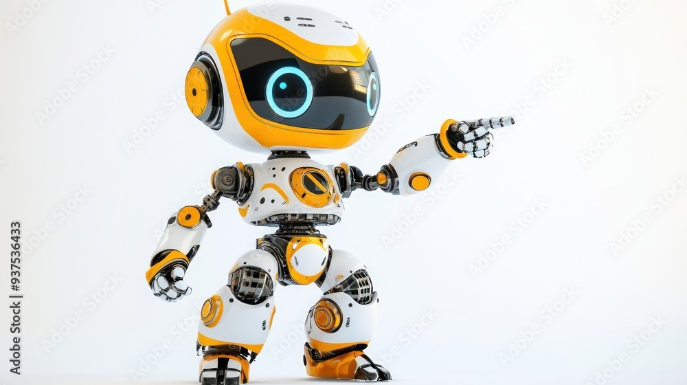 Poster yellow and white robot pointing with right hand