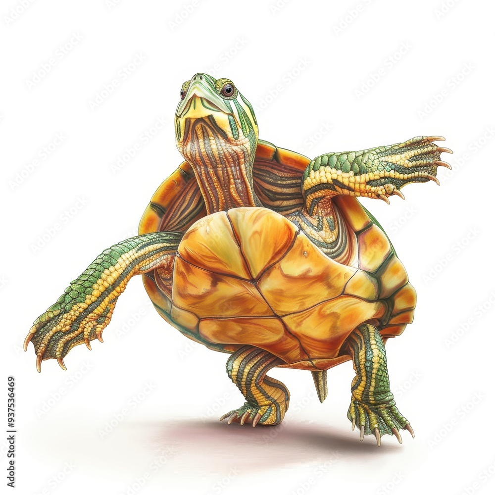 Poster a colorful turtle showcasing vibrant patterns and textures, standing in a playful pose against a whi