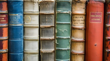 Eye-level shot of a row of books focusing on one specific spine detail AI generated illustration
