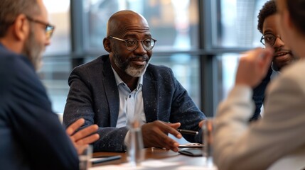 A group of professionals converse animatedly around a conference table, exchanging ideas and insights in a contemporary office setting. The atmosphere is collaborative and dynamic