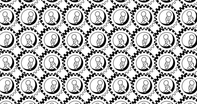 Cartoon stickmen same people in cogs whiteboard. Society metaphor. They are walking.Seamles loop of the society. Opposite directions linear black and white.
