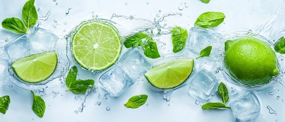 green lime, slices and menthol leaves with melting ice cubes and water splashes effects . aspect ratio 7:3