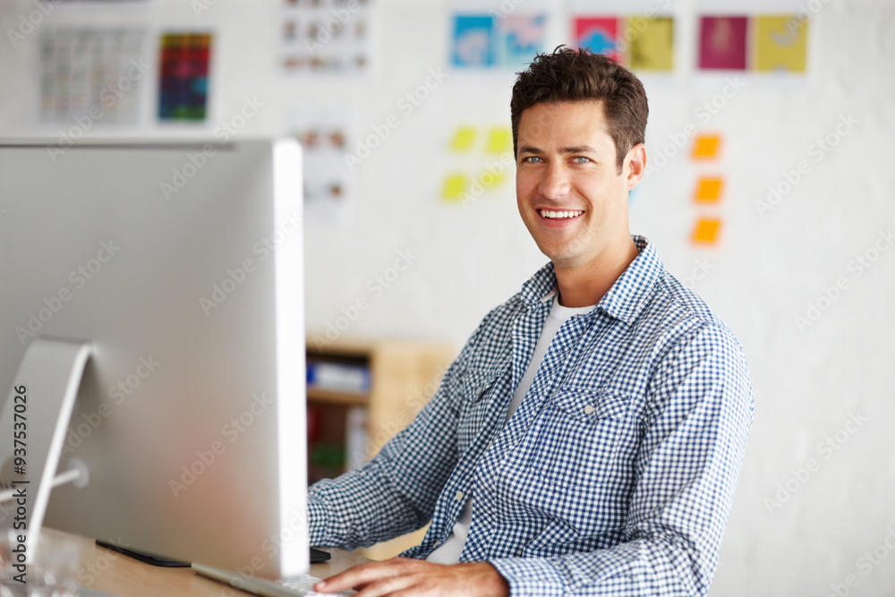 Aufkleber Graphic designer, man and portrait in office with computer for process, smile and problem solving at company. Person, employee and happy with pc for project management at creative agency in Spain