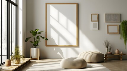 Fototapeta premium Film poster designed in a minimalistic fashion enclosed in a wooden frame in a trendsetting room AI generated illustration