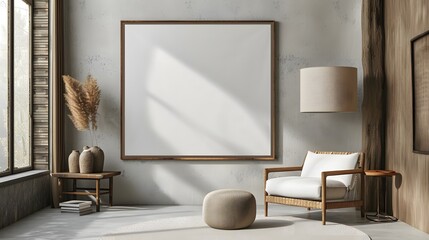 Film poster designed in a minimalistic fashion enclosed in a wooden frame in a trendsetting room AI generated illustration