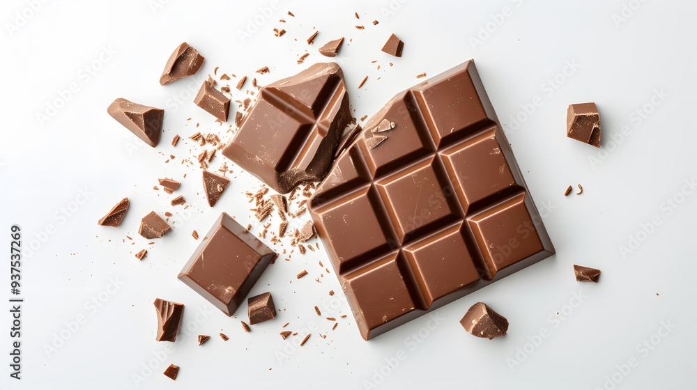 Poster flat lay of a chocolate bar broken into pieces on a simple white background ai generated illustratio