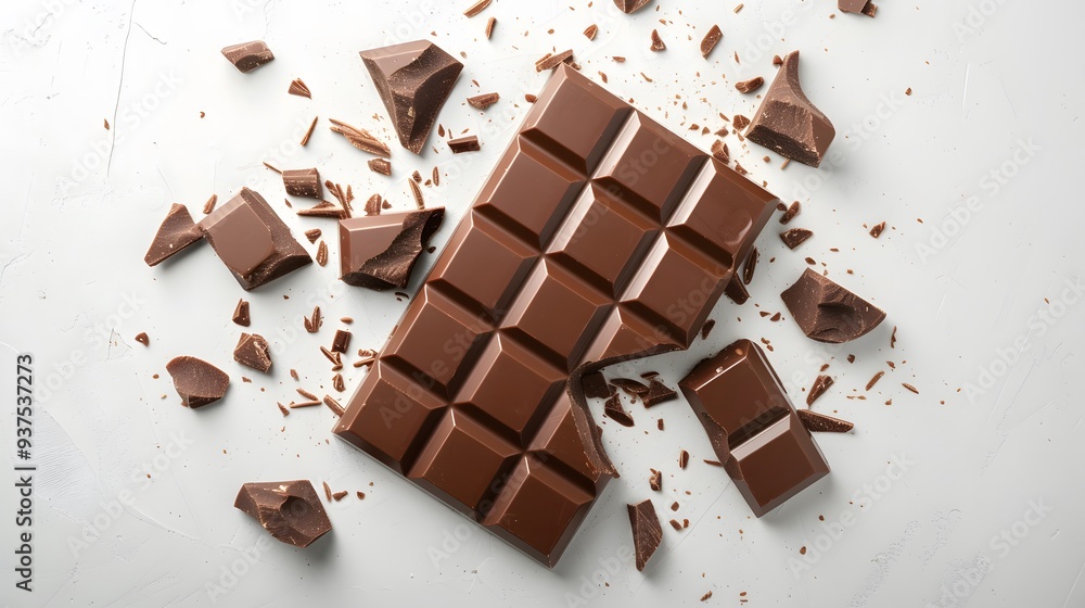 Aufkleber flat lay of a chocolate bar broken into pieces on a simple white background ai generated illustratio