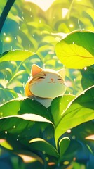 Cute cat with big eyes peeks out from lush green leaves.