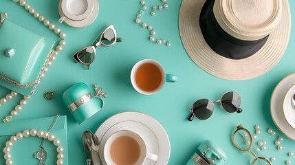 Flat lay design with iconic items from the movie Breakfast at Tiffanys AI generated illustration