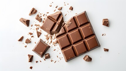 Flat lay of a chocolate bar broken into pieces on a simple white background AI generated illustration