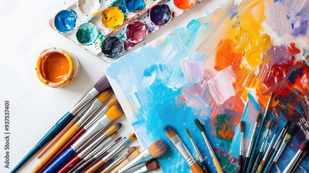 Poster flat lay of an artists tools paintbrushes color palettes and a sketchbook on a bright clean surface 