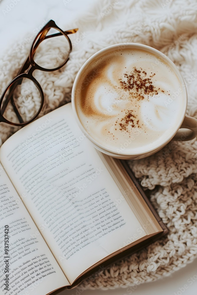 Poster flat lay of an open book reading glasses and a steaming cup of coffee on a white background ai gener