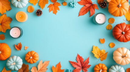 A beautifully decorated Thanksgiving table set with colorful fall foliage, pumpkins, candles, and a delicious spread of food.