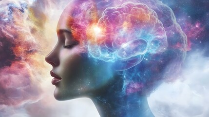 Obraz premium Cosmic Mind Abstract Art Illustration with Woman Silhouette