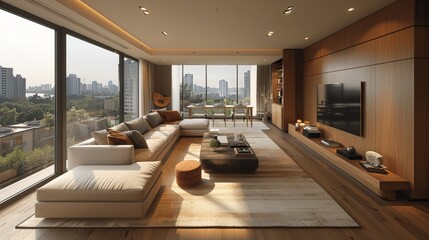 Fototapeta premium Modern living room with panoramic city views, featuring a spacious sofa, wooden accents, and large windows, illuminated by afternoon sunlight in an urban setting