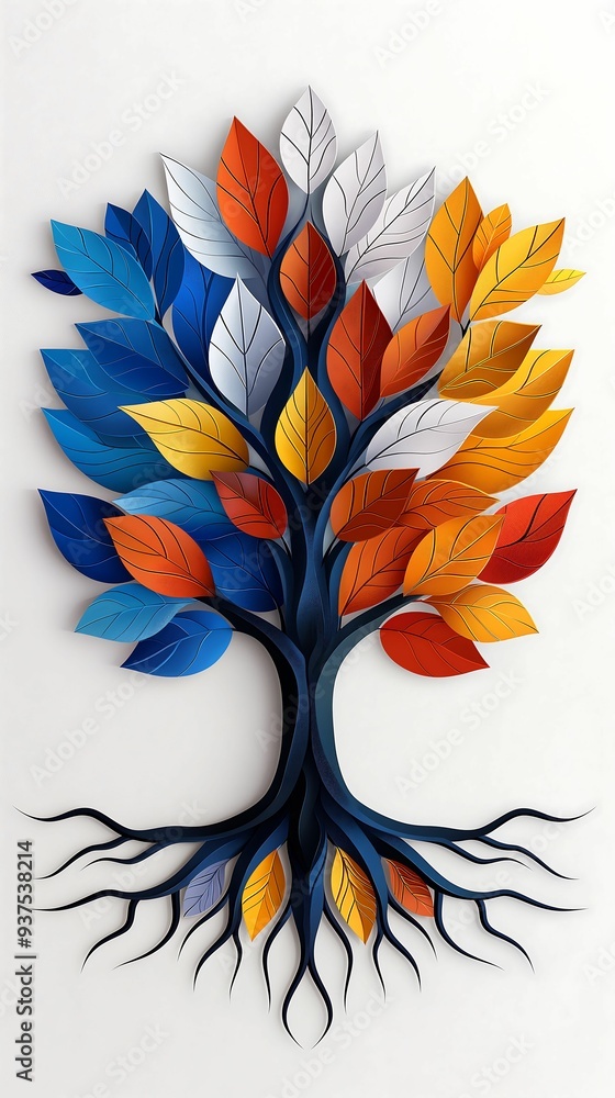 Poster colorful tree intricate pattern of leaves and roots symbolic and artistic design digital painting st