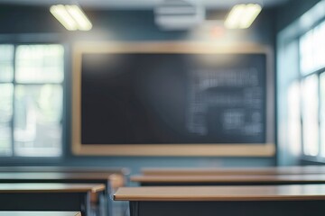 Obraz premium Blur background of interior design of empty classroom with blackboard. Empty classroom with desk, chair and blackboard at school. Generative ai