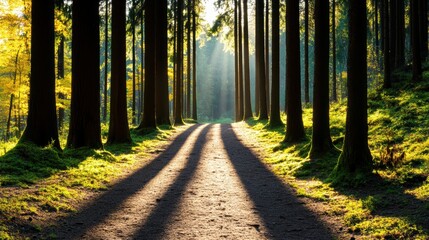 A winding hiking trail leading through a forest, with tall trees adorned in autumn colors, casting shadows on the path.