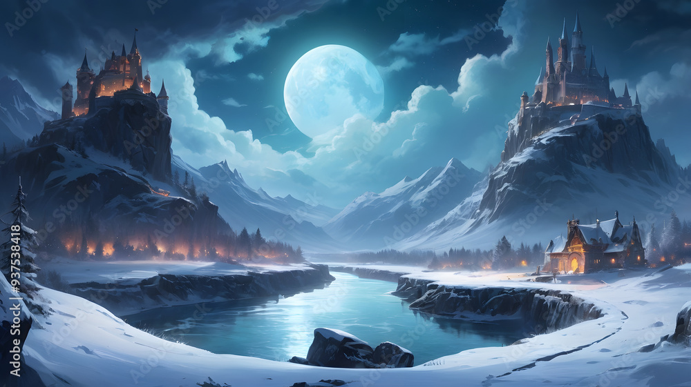 Wall mural landscape with mountains and moon, ai generated