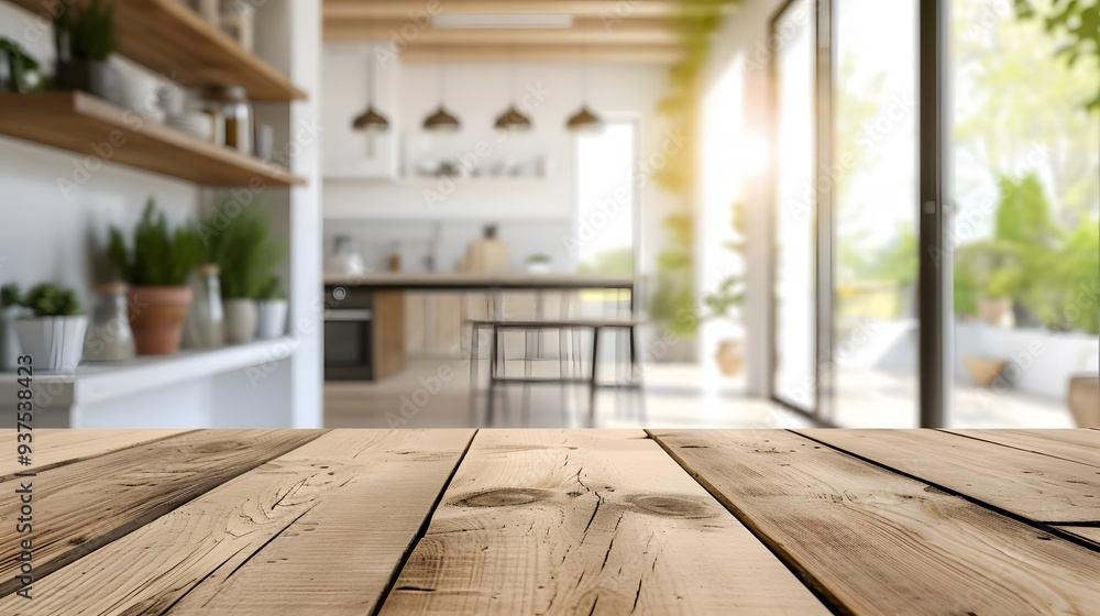 Aufkleber frame a clear bright image of an unoccupied wood tabletop in the foreground with a soft blur of an u