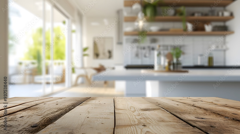 Aufkleber frame a clear bright image of an unoccupied wood tabletop in the foreground with a soft blur of an u