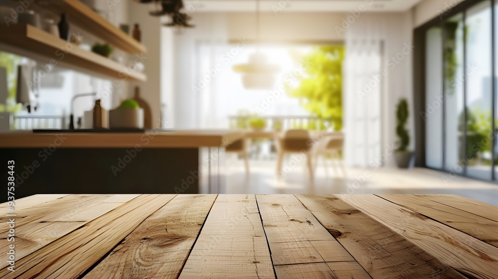 Aufkleber frame a clear bright image of an unoccupied wood tabletop in the foreground with a soft blur of an u