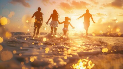A family of four plays joyfully in the shallow waves, leaving footprints in the sand while the sun sets, creating a warm glow and sparkling reflections on the water