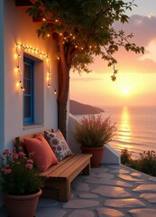 A seaside house with a wooden bench in the corner, overlooking a serene ocean view.  