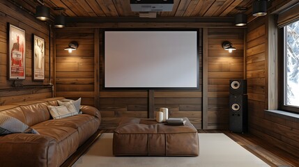 Framed minimalist cinema poster in a basement room with wooden walls AI generated illustration