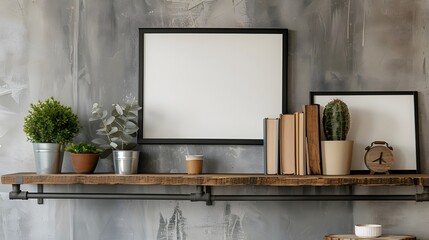 Framed minimalist movie print placed on a rustic wooden shelf AI generated illustration