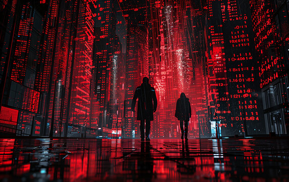 Two hackers are walking in a futuristic city at night with red binary code raining