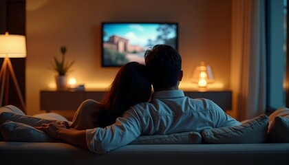 Obraz premium A lovely Asian woman and Hispanic man cuddle on an elegant sofa, watching TV in a softly lit, luxurious home.