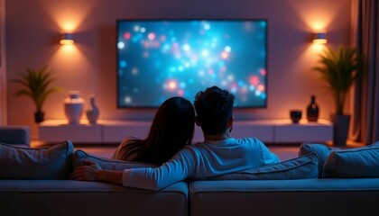 A lovely couple cuddle on an elegant sofa, watching TV in a softly lit, luxurious home.	
