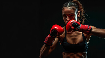 Kickboxing Woman: Woman in activewear and red kickboxing gloves performing a martial arts 