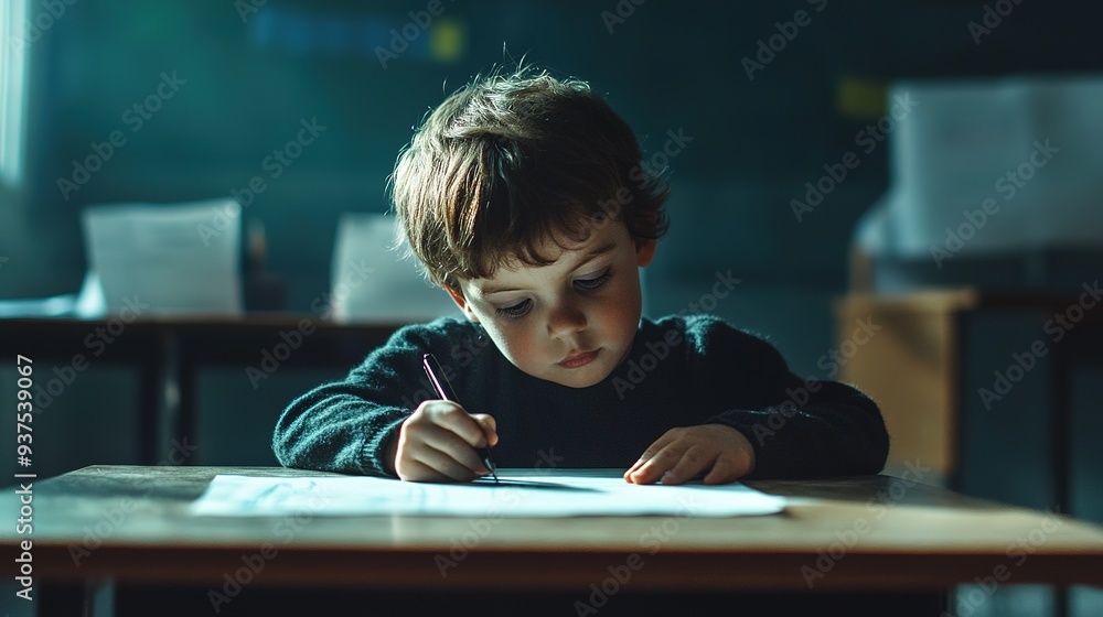 Aufkleber a little boy writes on a blank paper on a table in classroom at school. copy space for text.