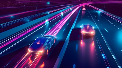 Fototapeta premium Futuristic highway with self-driving cars in 3D style art AI generated illustration