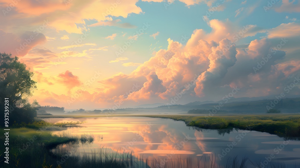Aufkleber gallery-like rendering of clouds passing over a tranquil countryside all in a pastel sky ai generate